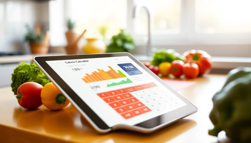 Engaging calorie calculator displayed on a tablet amid fresh fruits and vegetables for healthy living.