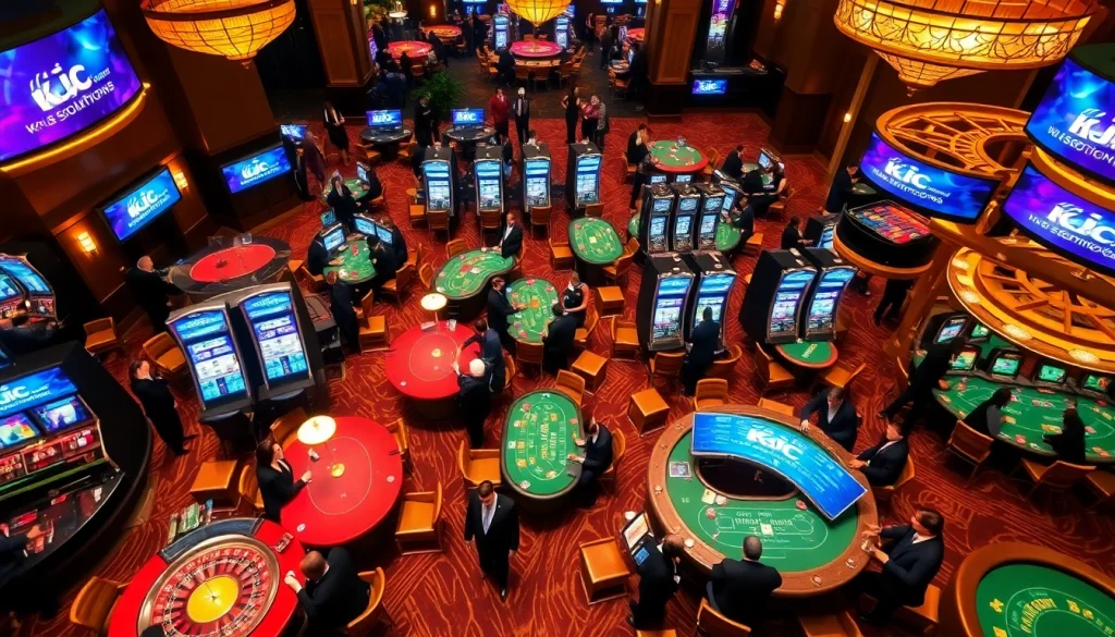 Kjc solutions branding shines as players enjoy thrilling games at an upscale casino.