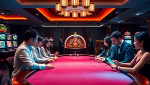 Engaging players in luxury casino with Đăng Nhập XN88 screens, excited about gambling.
