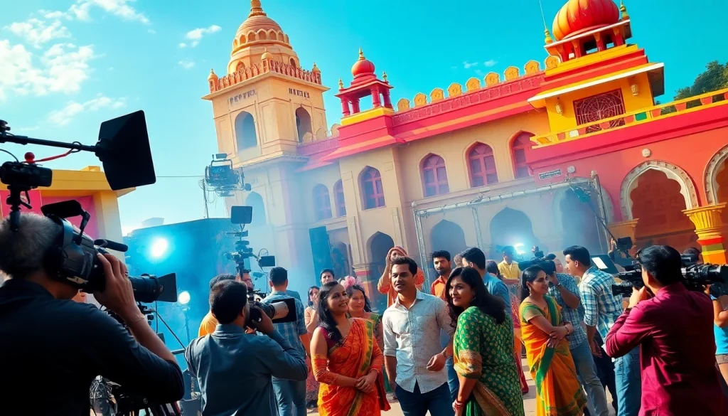Actors rehearsing on a Bollywood film set at https://theopinionatedindian.com with vibrant colors and dynamic energy.