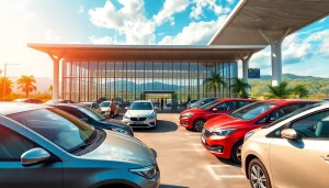 Experience kuching rent a car with a vibrant scene of travelers at Kuching airport, showcasing diverse rental vehicles.