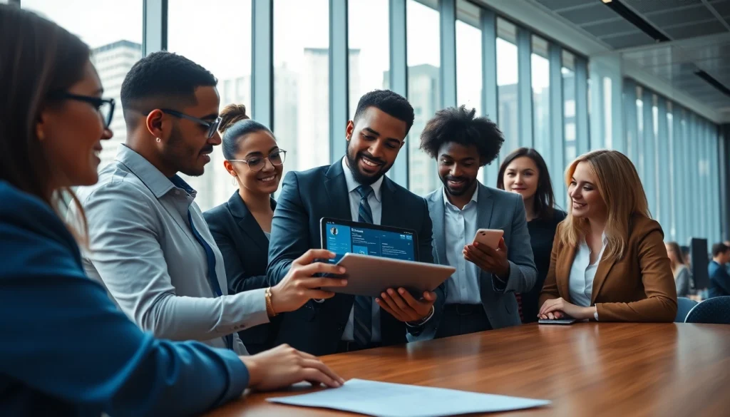 Engaged team consulting mobile crm data on devices in a modern office setup.