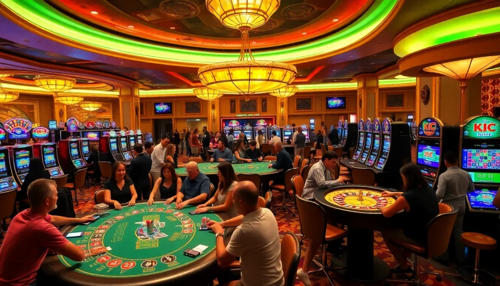 Experience thrilling games at KJC's luxurious casino with vibrant tables and engaging players.