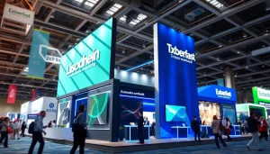 Attractive trade show booth captivating visitors at an exhibition.