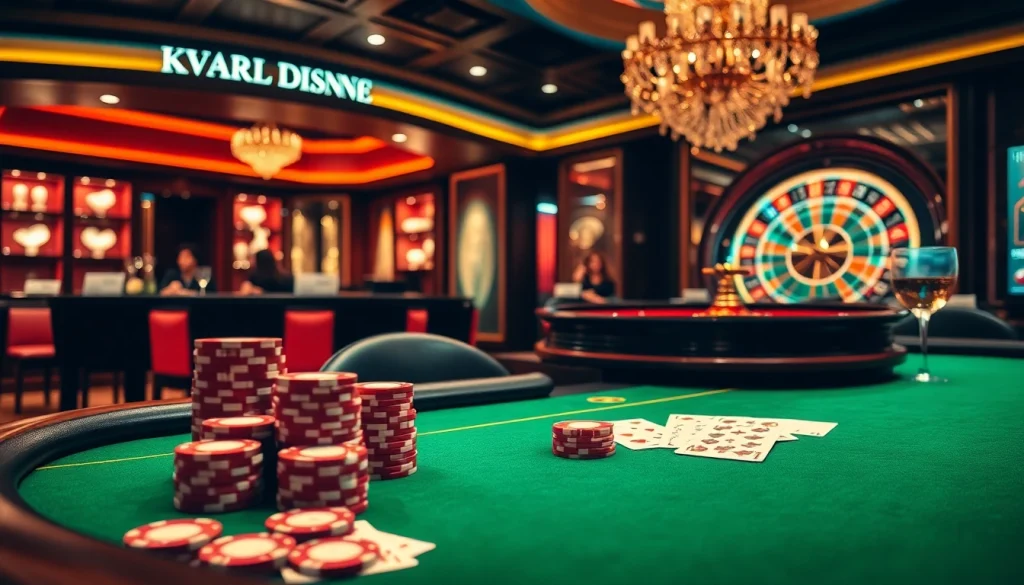 Exciting casino atmosphere with a poker table and 鑽石樓上鋪 jewelry display showcasing luxury.