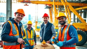 Construction workforce development team collaborating on-site, showcasing skills and teamwork.