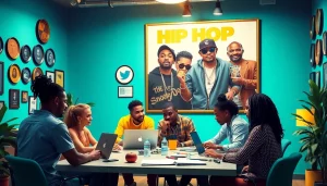 Hip hop publicist team strategizing for artists' success in dynamic office.