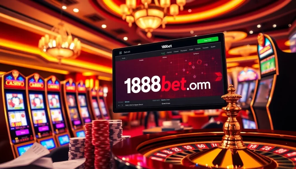Engaging scene of online gambling at 188bet com featuring roulette wheels and slot machines.