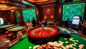 Players engage in thrilling casino games at https://king88.fast/, with roulette wheels and vibrant slot machines.
