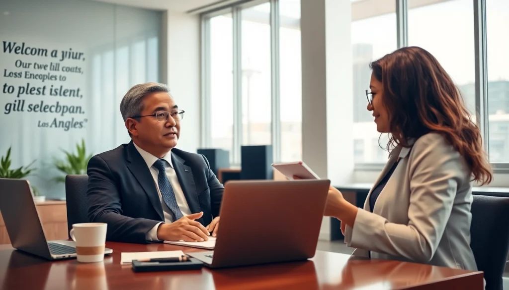 Engaged business coach los Angeles guiding a client in an inspiring office setting.