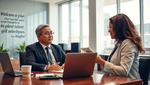 Engaged business coach los Angeles guiding a client in an inspiring office setting.