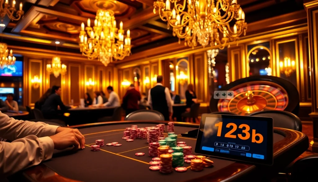 Players enjoy a thrilling 123b poker game amid vibrant casino atmosphere.