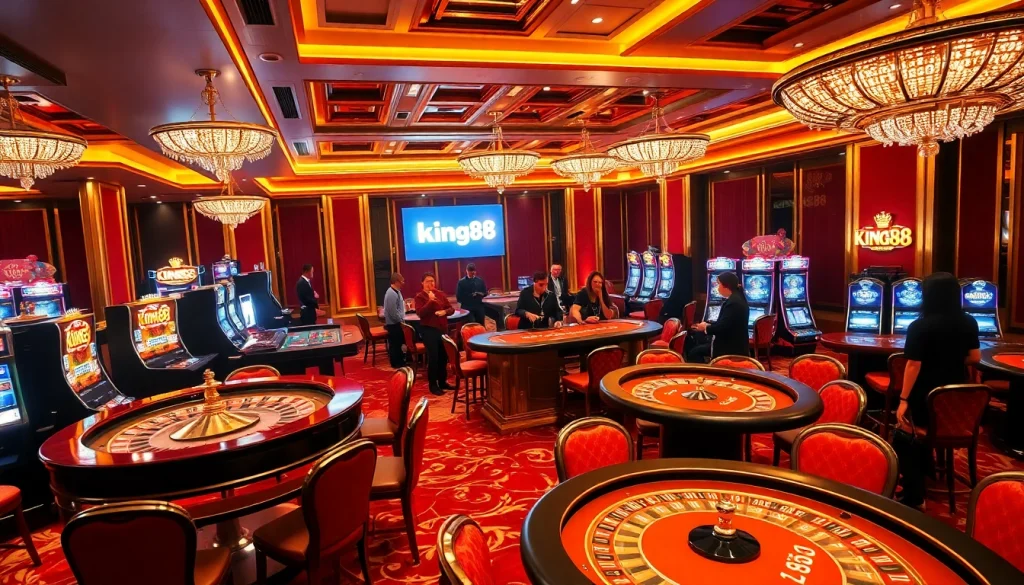 Players enjoying games at king88 casino, featuring vibrant tables and luxurious decor.