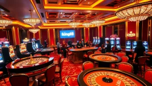 Players enjoying games at king88 casino, featuring vibrant tables and luxurious decor.