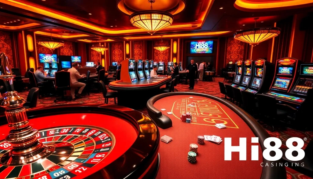 Experience the excitement of Hi88 Casino with vibrant tables, poker chips, and a roulette wheel.