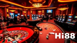 Experience the excitement of Hi88 Casino with vibrant tables, poker chips, and a roulette wheel.