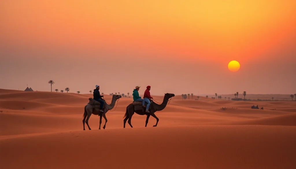 Agafay Desert camel ride at sunset, showcasing warm hues and travelers enjoying the serene landscape.