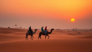 Agafay Desert camel ride at sunset, showcasing warm hues and travelers enjoying the serene landscape.