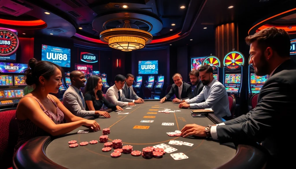 Players enjoy an exhilarating blackjack game at the UU88 casino table under vibrant lights.