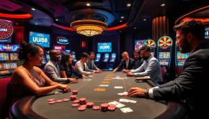 Players enjoy an exhilarating blackjack game at the UU88 casino table under vibrant lights.