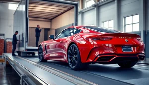 View of https://luxuryautocarriers.com showcasing a luxury sports car loaded onto an enclosed transport truck.