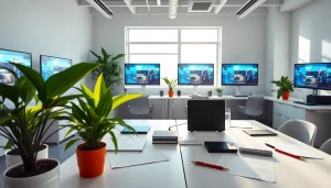 Innovative web design workspace showcasing professional website creations with vibrant projects.