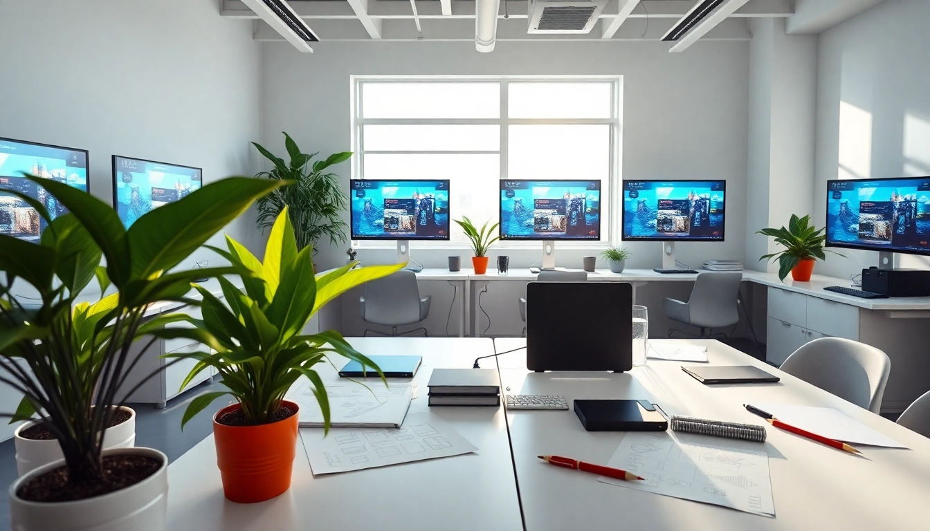Innovative web design workspace showcasing professional website creations with vibrant projects.