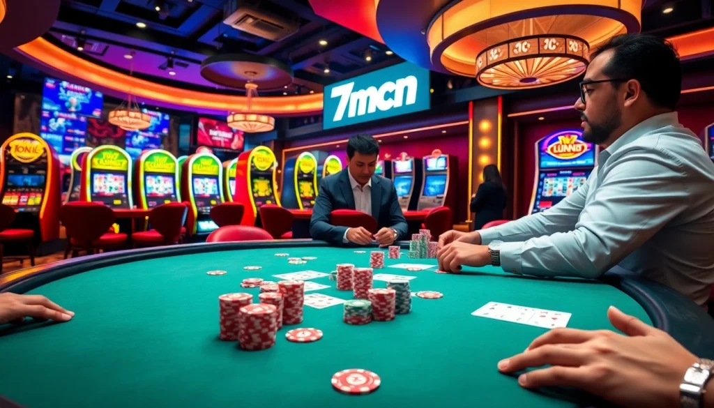 Experience the excitement of gambling at 7mcn, where players strategize at a poker table surrounded by vibrant slots and roulette.