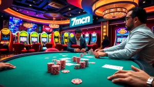 Experience the excitement of gambling at 7mcn, where players strategize at a poker table surrounded by vibrant slots and roulette.