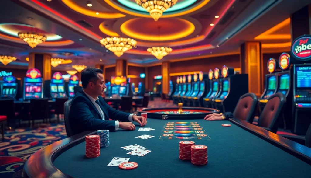 Exciting poker game at i9bet casino with vibrant lights and colorful chips.