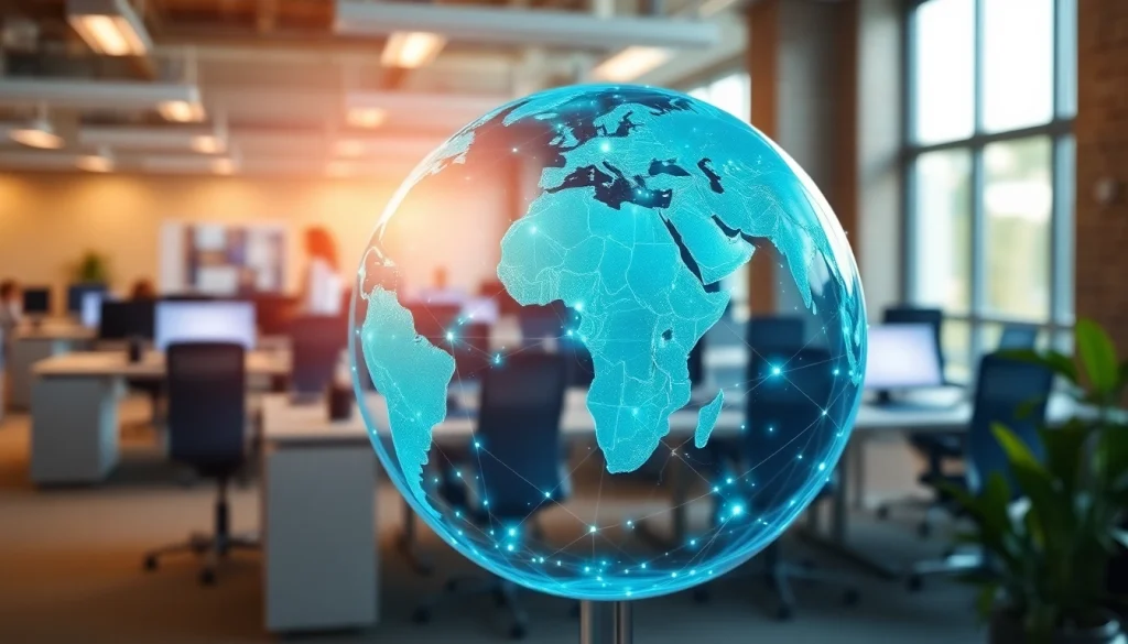 Visual representation of worldwide connectivity through a globe and digital networks.