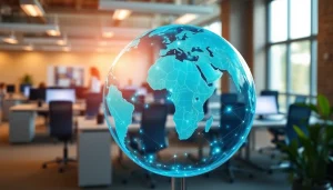 Visual representation of worldwide connectivity through a globe and digital networks.