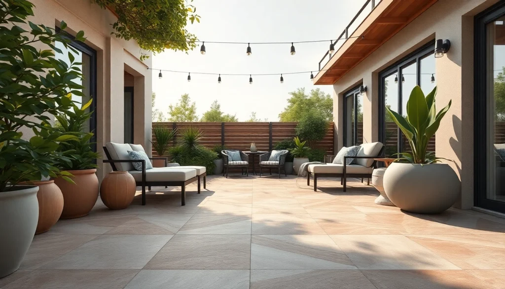 Terrasse extérieure élégante avec divers styles de carrelage extérieur, mettant en valeur la sécurité et l'esthétique.