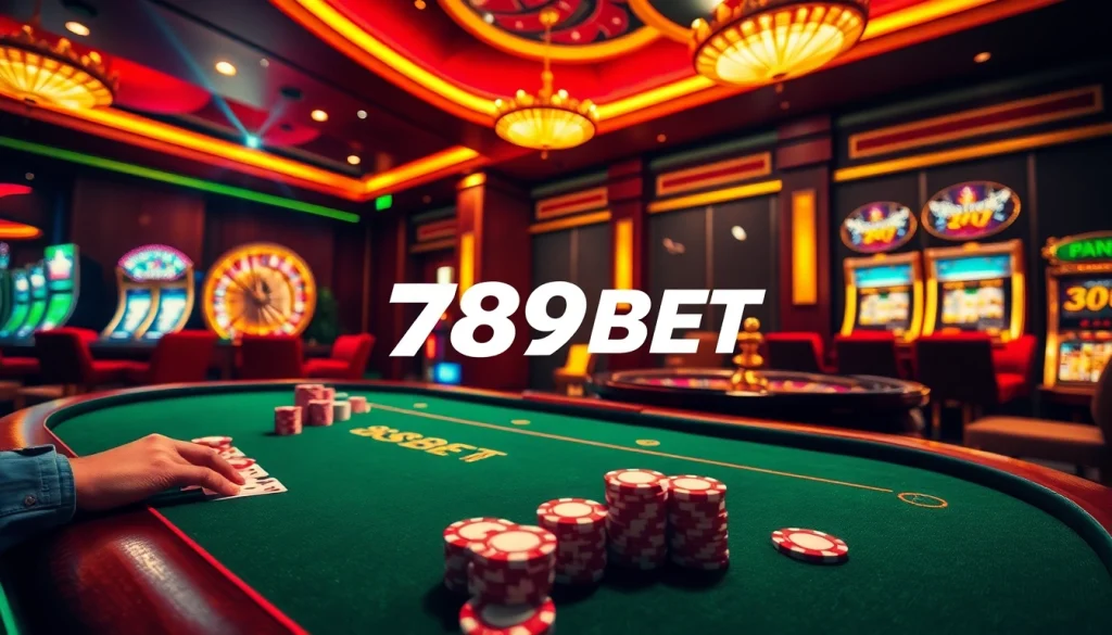 Experience the thrill of gambling with 789BET đăng nhập, showcasing an exciting casino scene with poker tables and roulette wheels.