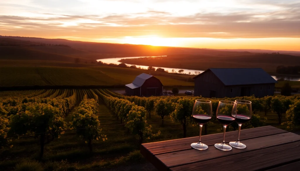 Experience a rustic vineyard scene in Clarksburg CA with sunset views and glistening river.