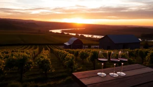 Experience a rustic vineyard scene in Clarksburg CA with sunset views and glistening river.