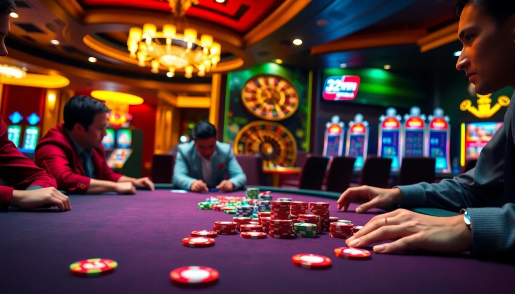 Players engaging in high-stakes poker at 32WIN casino, surrounded by vibrant slot machines and roulette wheel.