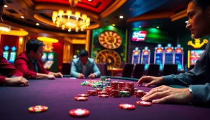 Players engaging in high-stakes poker at 32WIN casino, surrounded by vibrant slot machines and roulette wheel.