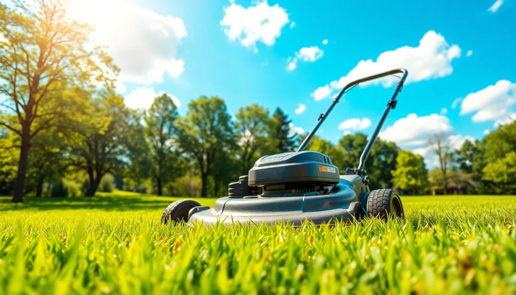 Lawn mower rental displayed in a sunny outdoor setting with lush grass and vibrant surroundings.