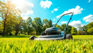 Lawn mower rental displayed in a sunny outdoor setting with lush grass and vibrant surroundings.