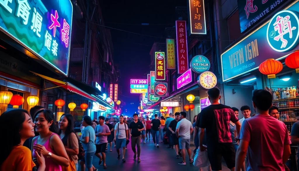 Experience the vibrant 베트남밤문화 with lively nightlife and neon lights.