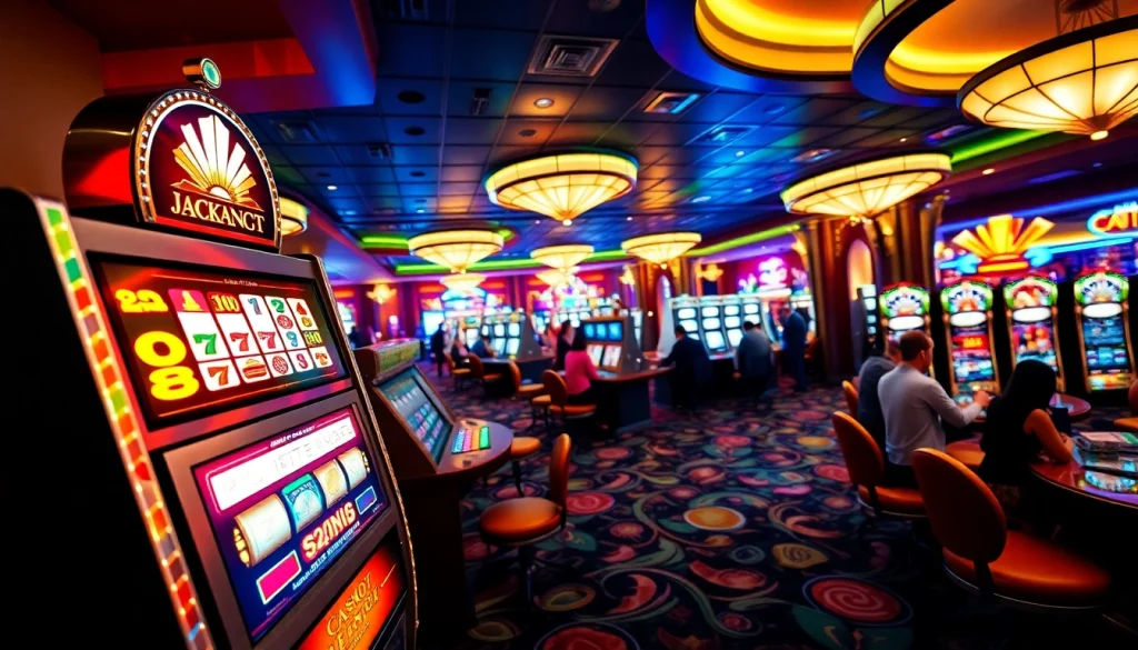 Menang besar dengan slot depo 1k dalam suasana kasino yang cerah dan dinamis.