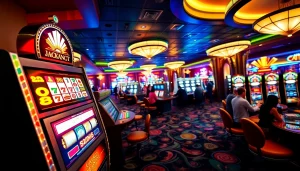 Menang besar dengan slot depo 1k dalam suasana kasino yang cerah dan dinamis.