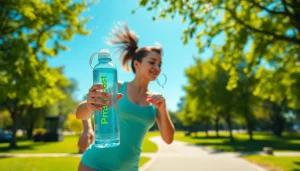 Puraboost brand water bottle in a vibrant park setting promoting active health and fitness.
