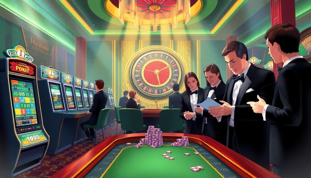 Players celebrate their winnings at a luxurious casino table inspired by https://nk88.us.com/ with vibrant slot machines and roulette.