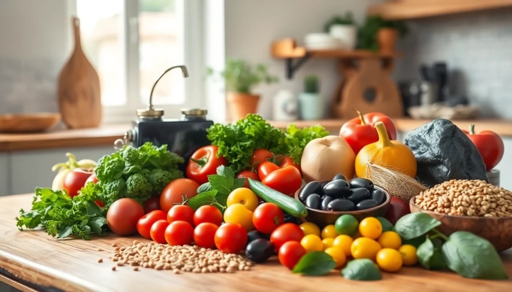 Explore vibrant ingredients of the mediterranean diet on a beautifully set kitchen table.
