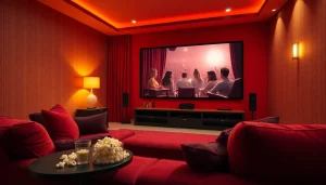 Cozy home theater inviting viewers for filme online with a large screen, plush sofa, and ambient lighting.