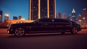 Quality limousine service in a stylish urban setting with a luxurious hotel backdrop.