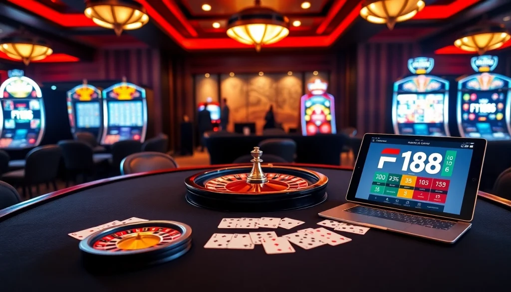 Experience the thrill of F168 with luxurious casino tables, roulette wheels, and vibrant slot machines.