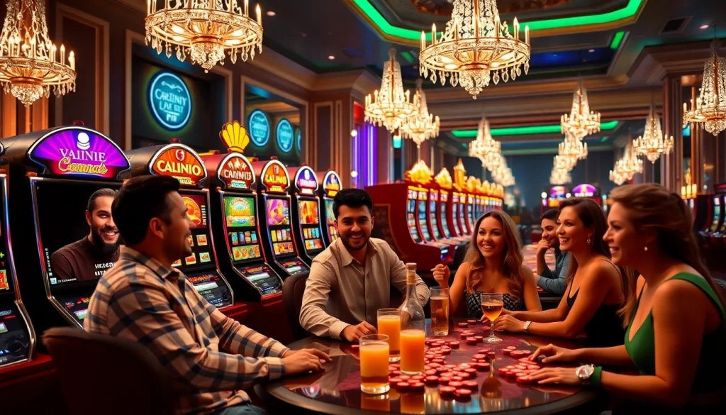 Players enjoying online slots in a luxurious casino setting, with vibrant machines and thrilling atmosphere.